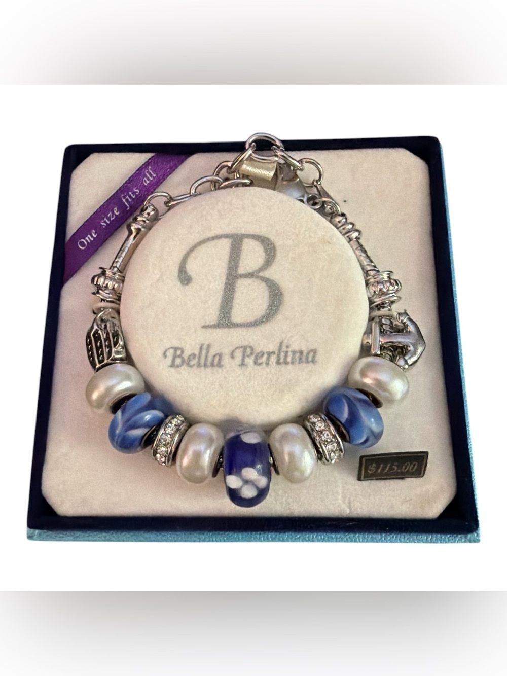(NEW) Bella Perlina Nautical Blue Floral Glass & Pearlescent Bead Bracelet